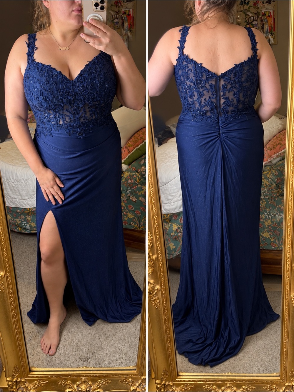 3X Navy Floral Sequin Formal Prom Wedding Guest Dress
